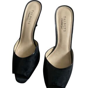 Talbots Nwot Black  Leather Peep Toe Mule Sandals Kitten Heel Slides